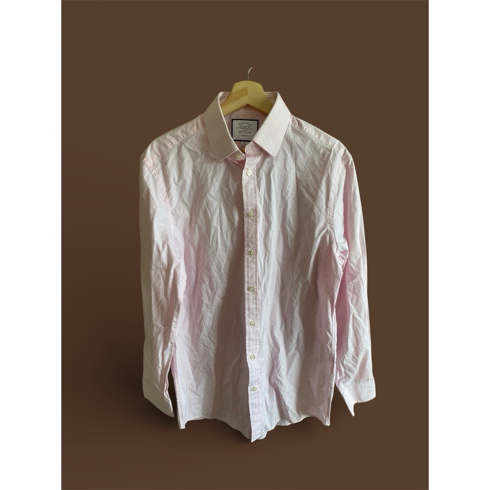 Charles Tyrwhitt Men's Dress Shirt 16/35 Pink Plaid Slim Fit Cotton Dress Preppy